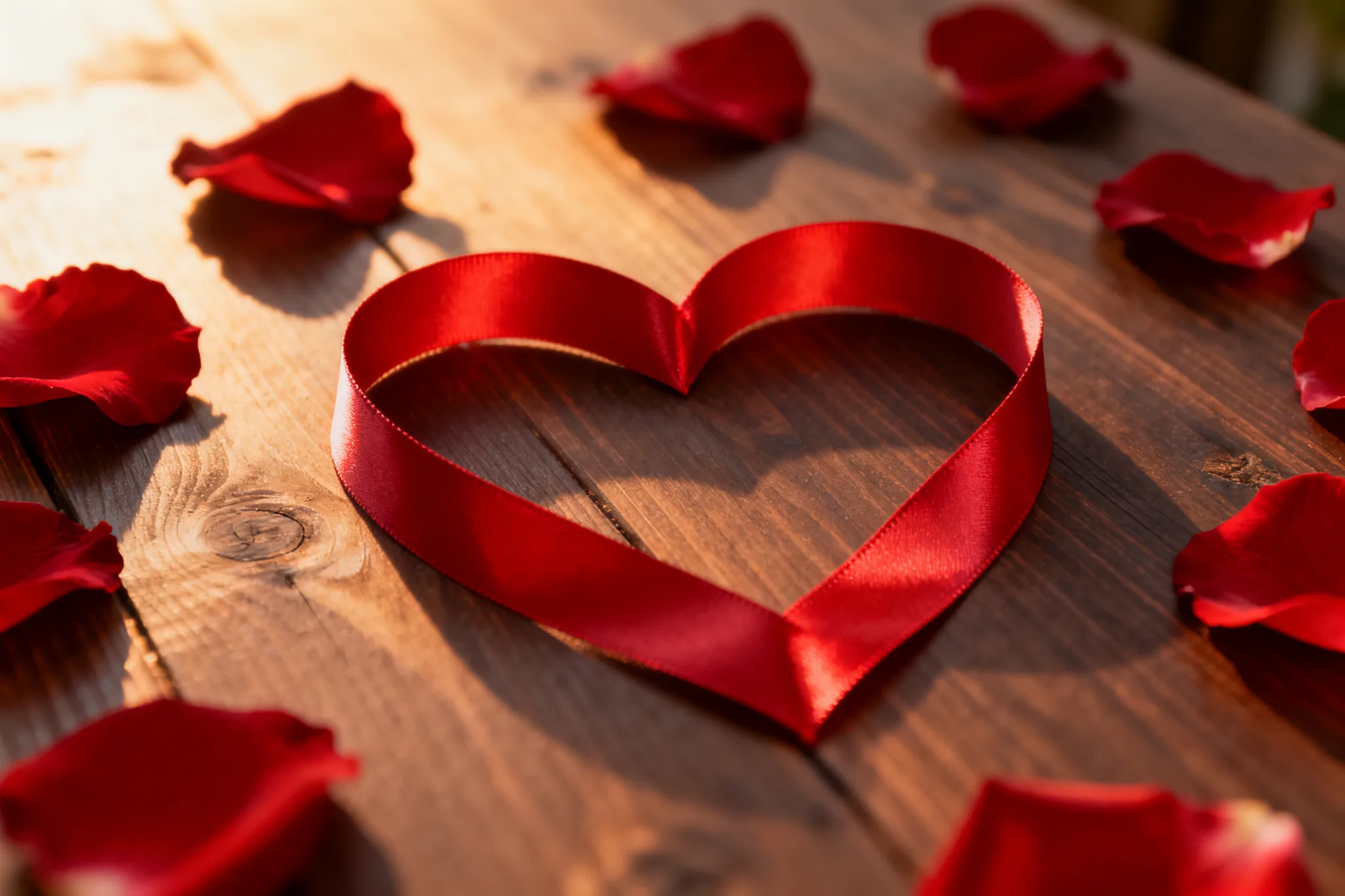 Red Ribbon Heart with Rose Petals