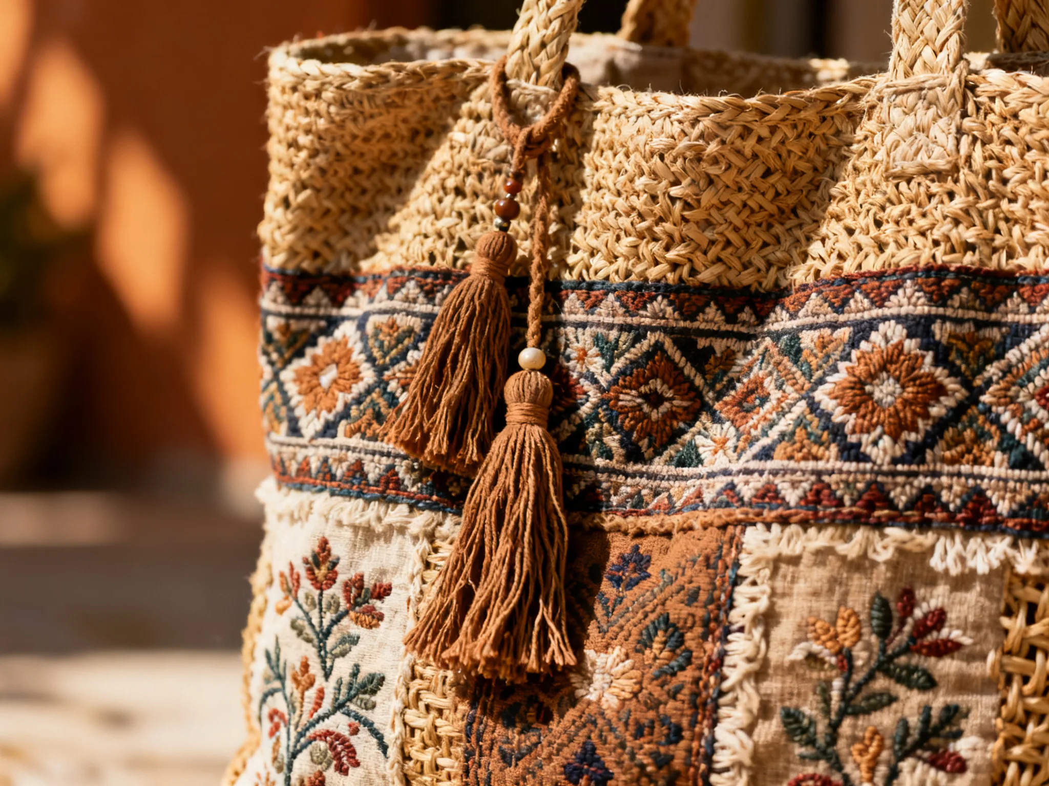 Bohemian Cotton-Linen Tote with Natural Woven Texture and Embroidery