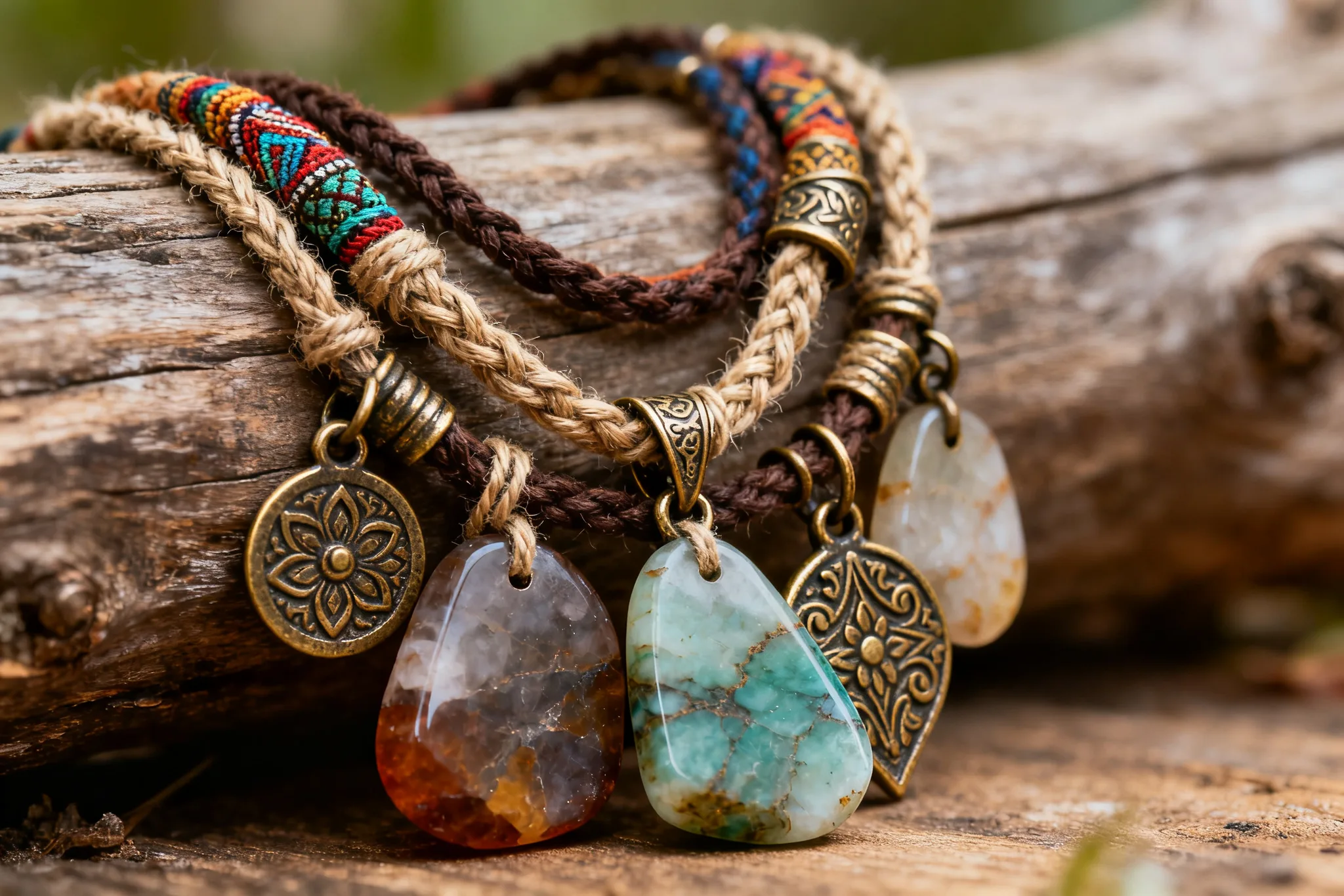 Bohemian Vintage Layered Necklace: Natural Raw Stone & Braided Rope Romantic Interweave